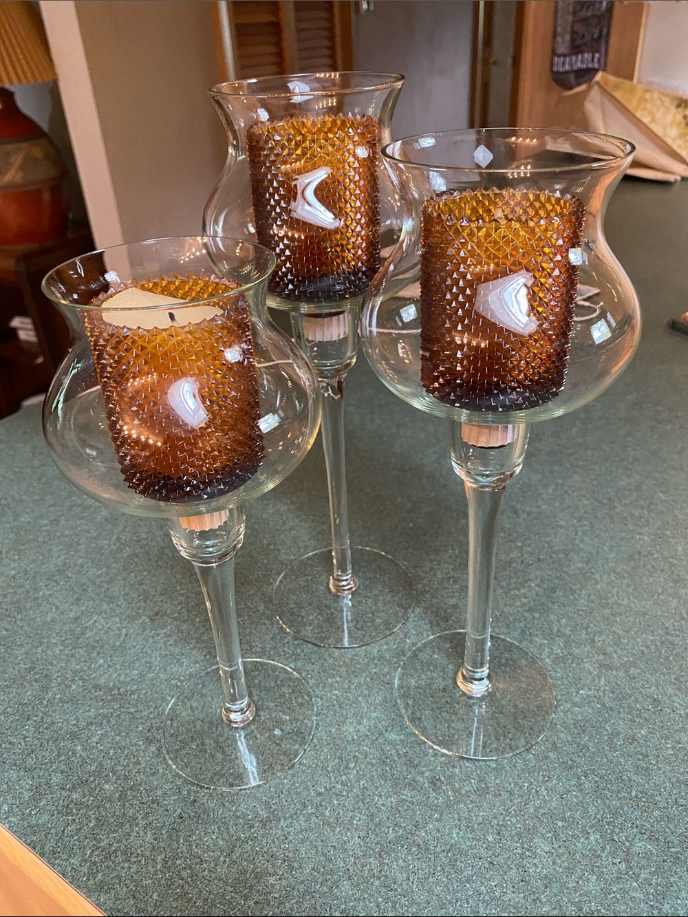 Set of 3 Tall Glass Candle Holders with Amber Inserts